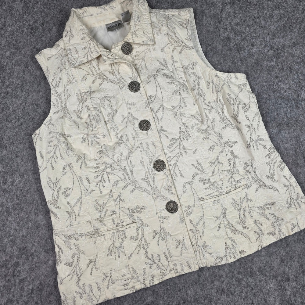 Chico's Embroidered Vest Floral Cream Silver Metallic Button Top Texture Large